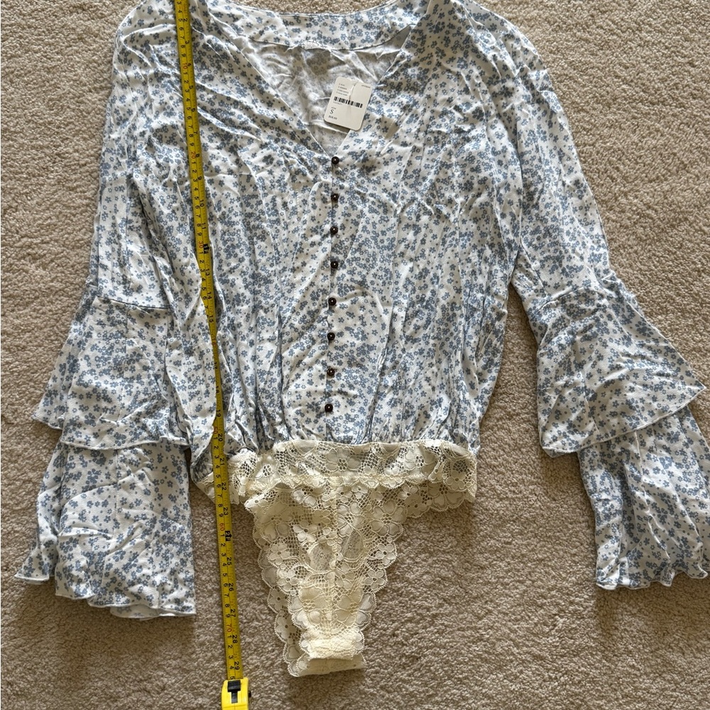 New Free People Floral Button-Up Blouse Bodysuit with Lace Trim Size Small